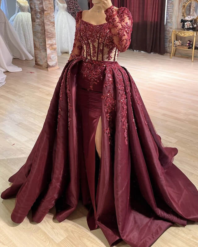 Burgundy Mermaid Sheer Lace Sleeve Satin Split Dress – Lisposa