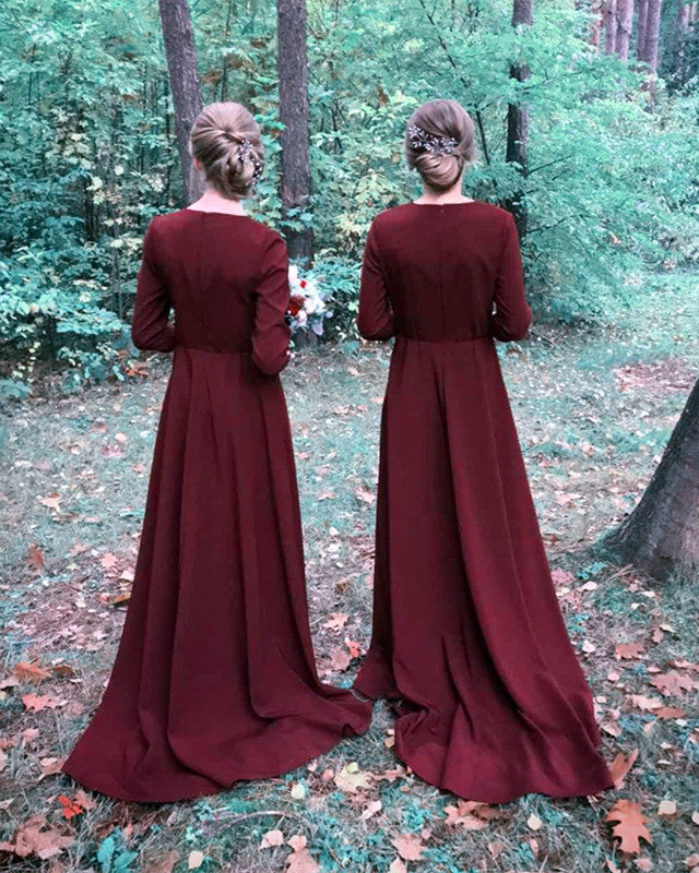 Modest Burgundy Bridesmaid Dresses With 3 4 Sleeves Lisposa