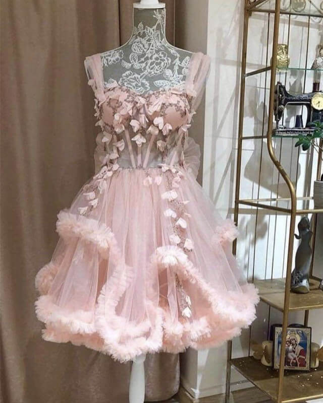 Short Pink Tulle Corset Dress With Handmade Flowers – Lisposa