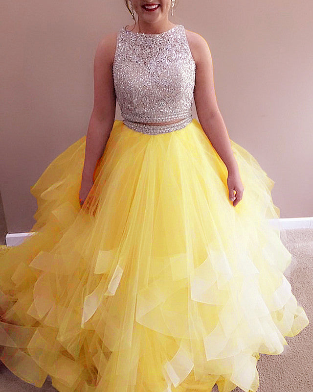 Two piece 2024 yellow prom dress