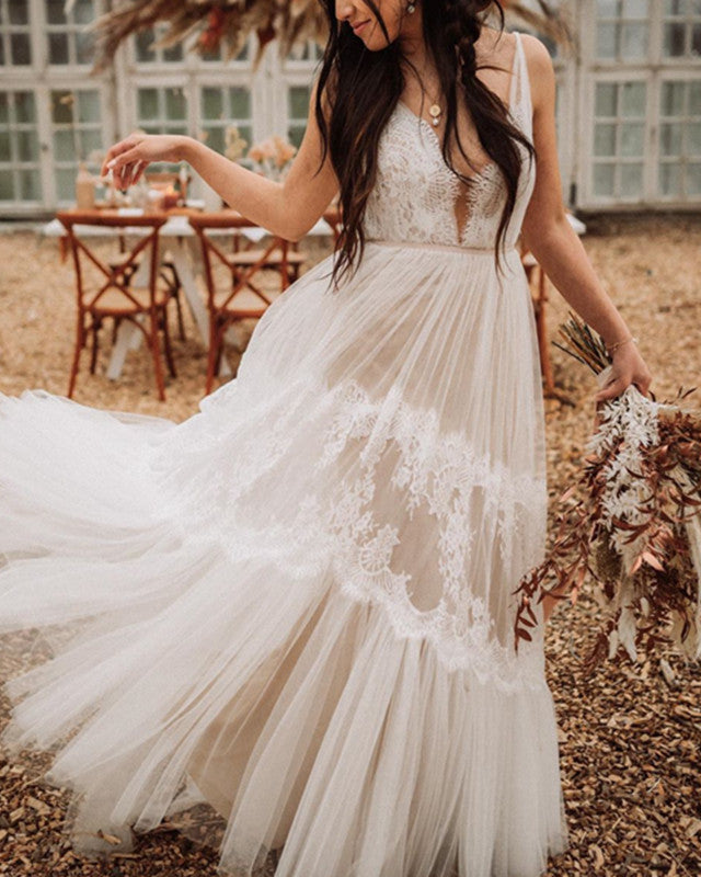 Flowy Tulle A-line V-neck Beaded Beach Wedding Dress with Lace Appliques,  SW537