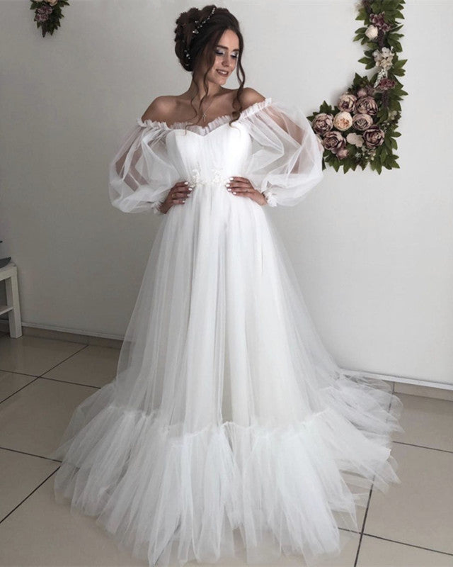 Puffy Sleeves Wedding Dress Satin Off Shoulder – Lisposa