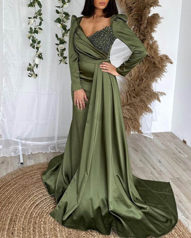 Olive green cheap evening dress