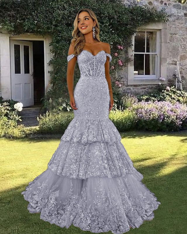 Mermaid Silver Lace Prom Dress