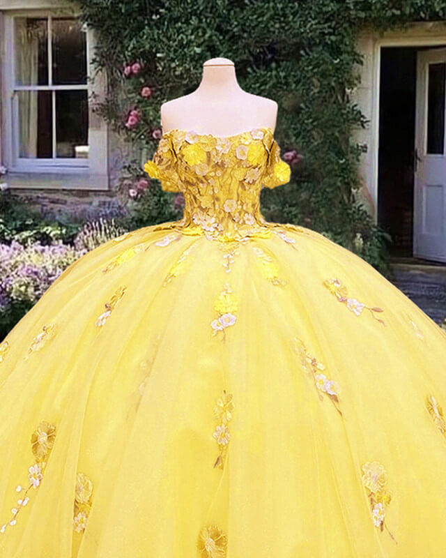 Yellow Floral Flowers Quinceanera Dresses