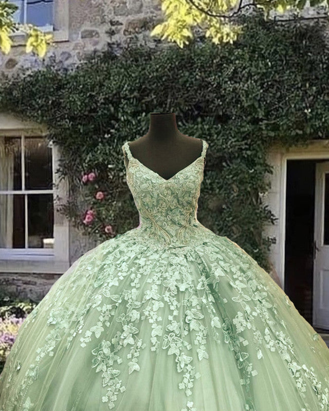 Sage Butterfly Lace Quinceanera Dress