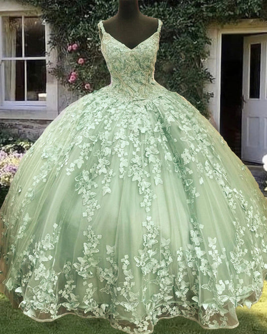 Sage Butterfly Lace Quinceanera Dress