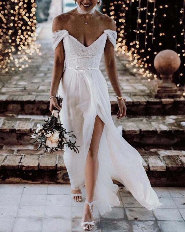 Spaghetti Strap V Neck Beach Wedding Dresses Backless Summer Bridal Dresse  – SheerGirl