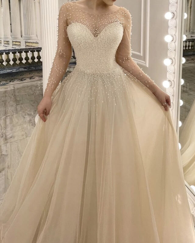 Champagne a line wedding cheap dress