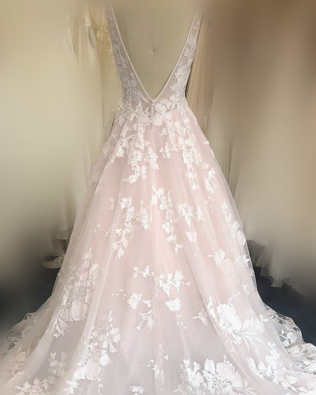 Blush Tulle Wedding Dresses Ivory Lace V Neck Lisposa