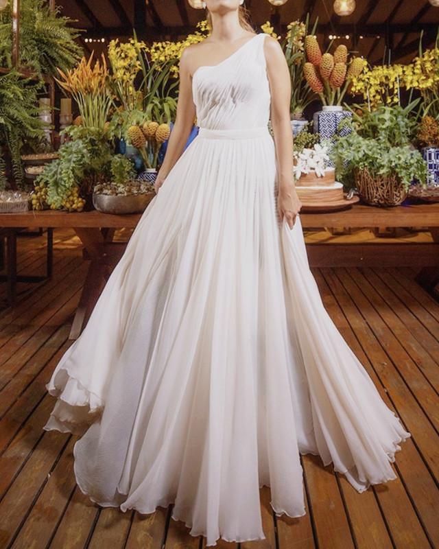 Boho Style Chiffon One Shoulder Split Wedding Dress With Cape