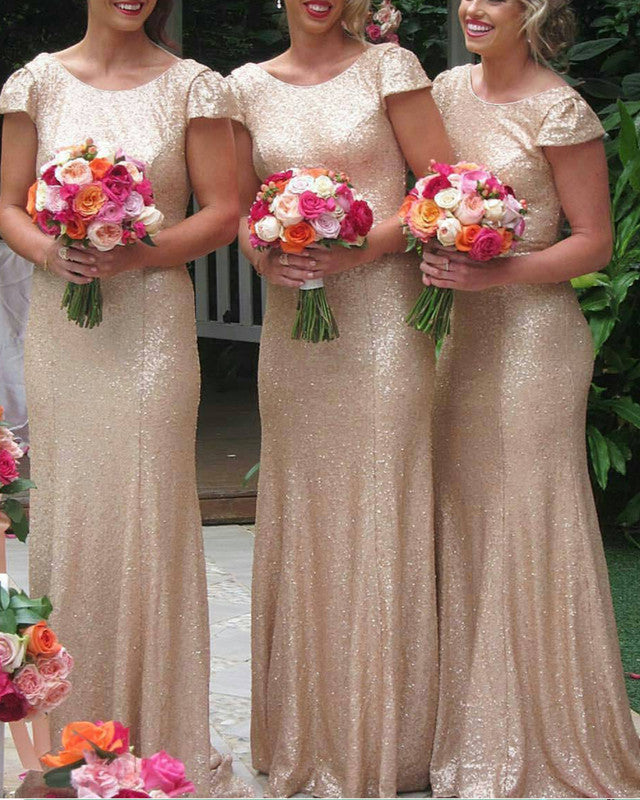 Rose Gold Sequin Bridesmaid Dresses Mermaid Cap Sleeves – Lisposa