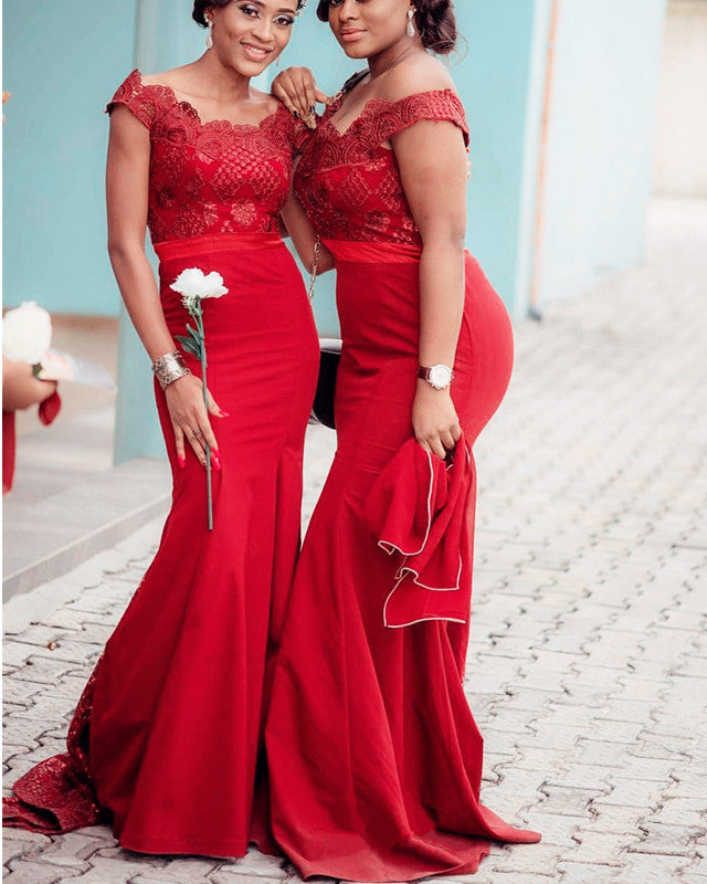 Red lace cheap bridesmaid dresses