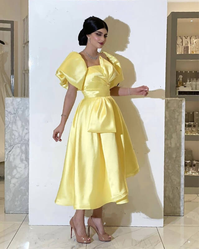 Yellow Puffy Sleeve Midi Satin Dress