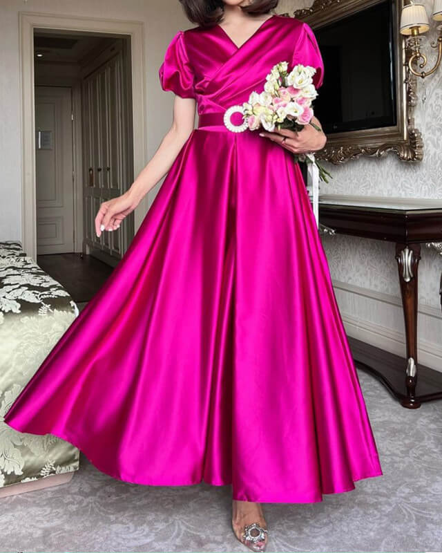 Modest Fuchsia Satin Cap Sleeves Bridesmaid Dress Lisposa