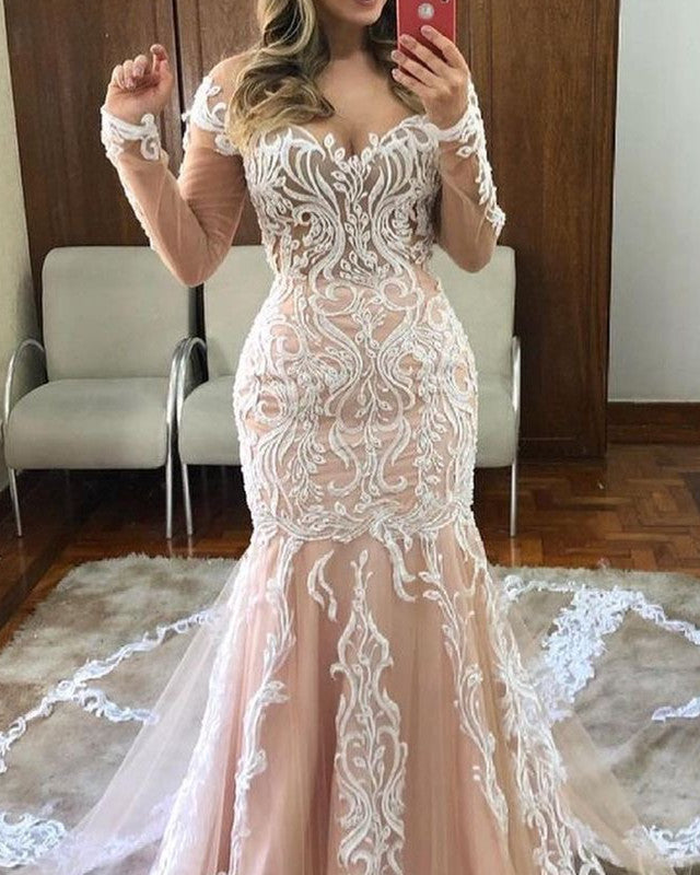 Princess Wedding Dress Lace Long Sleeves High Neck – Lisposa