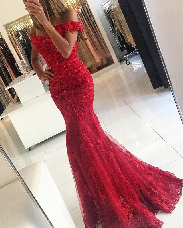 Red lace mermaid prom dress store