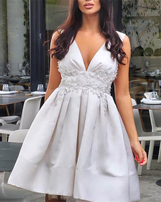 Short Silver V-neck Appliques Satin Homecoming Dress