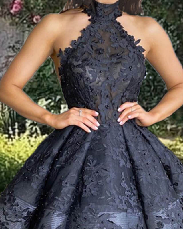 Black Lace Halter Prom Dress