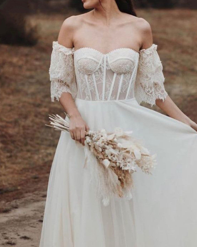 Lace See Through Corset Boho Wedding Dress With Sleeves Lisposa