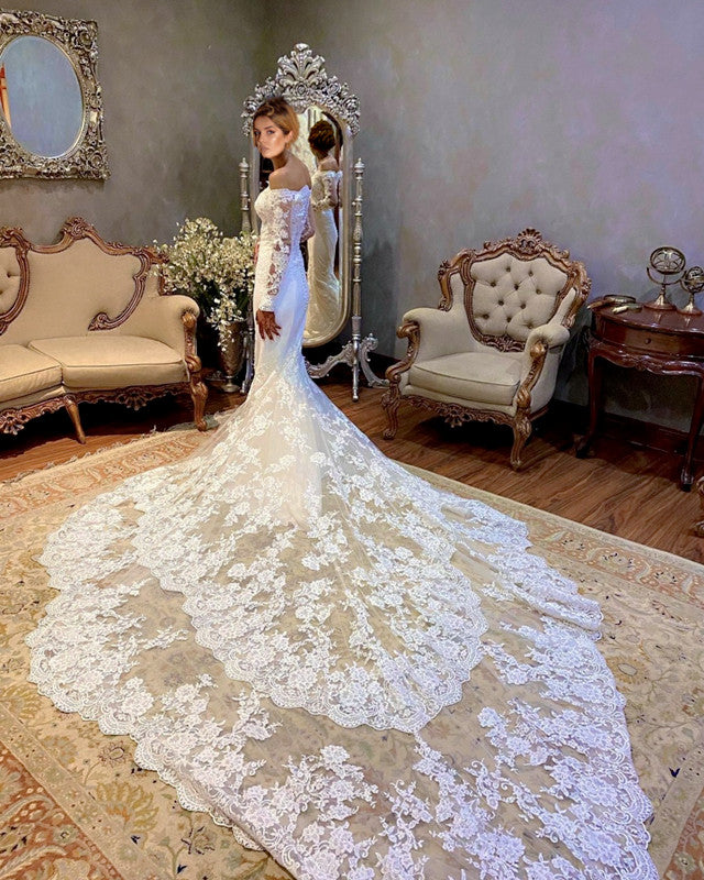 Royal Train Lace Mermaid Wedding Dresses Long Sleeves Off The Shoulder –  Lisposa