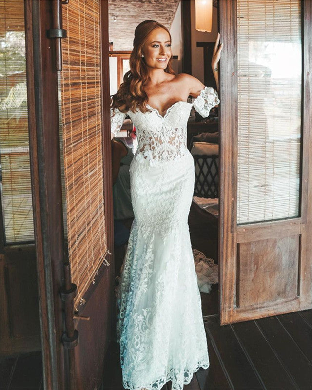 Bohemian Off Shoulder Fall Mermaid Wedding Dress With Long Sleeves