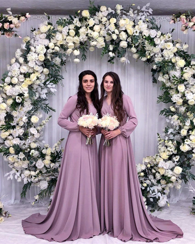 Mauve bridesmaid dresses store with sleeves