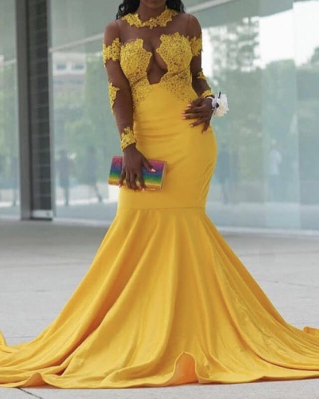 Mustard Yellow Mermaid Long Sleeve Applique Prom Dresses Black