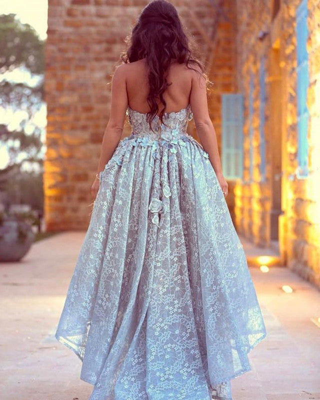 V Neck Light Blue Lace Long Prom Dresses with High Slit, Light Blue Tu –  Eip Collection