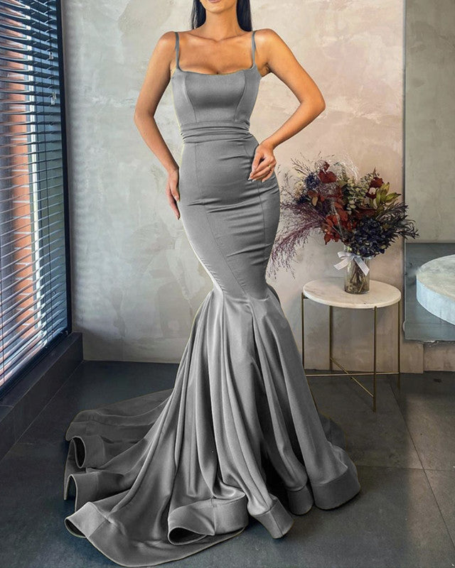 Silver satin outlet prom dress