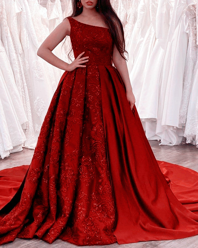 Red Lace One Shoulder Prom Dress