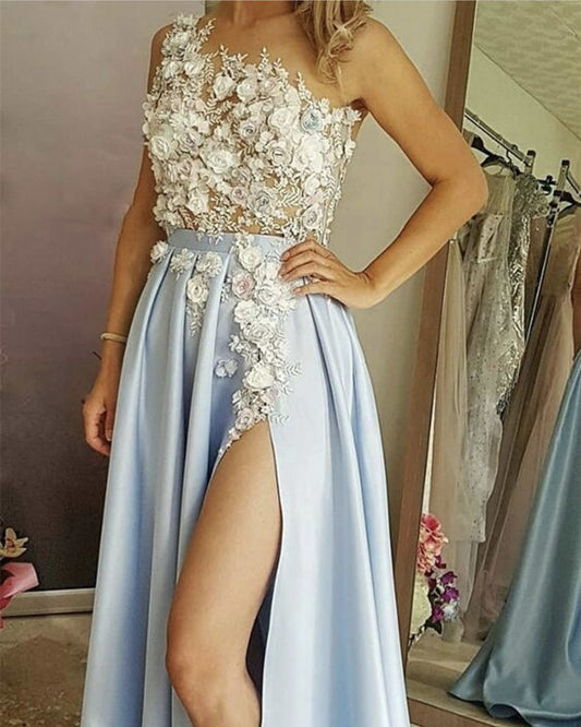 See Through Prom Dresses Satin Split 3D Flower Beaded