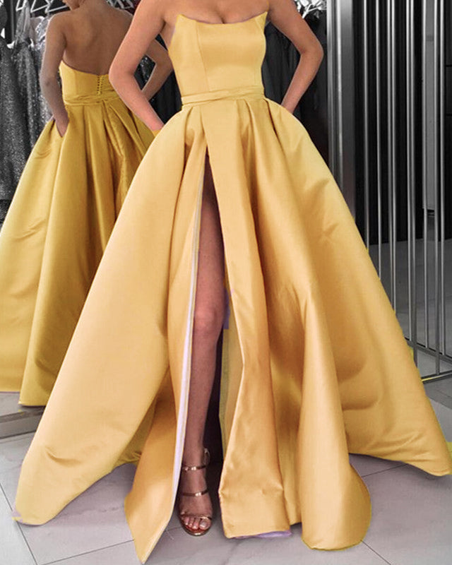 Sexy Yellow Velvet Strapless Corset Slit Formal Gown