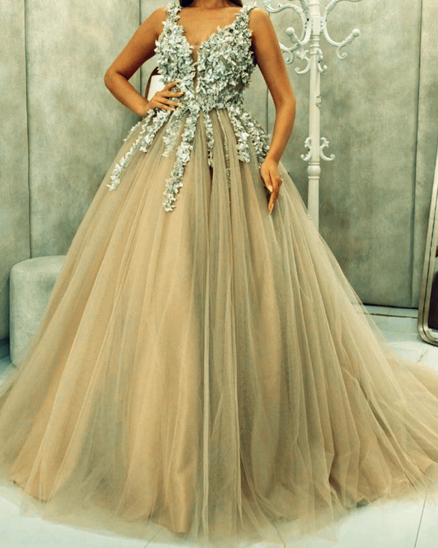 champagne gold ball gown prom dress