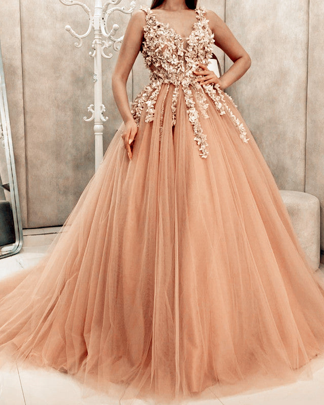 Flower tulle hotsell prom dress