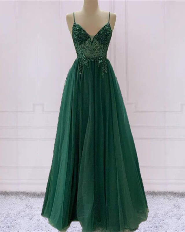 Emerald Green Tulle Prom Dress Beaded V Neck – Lisposa