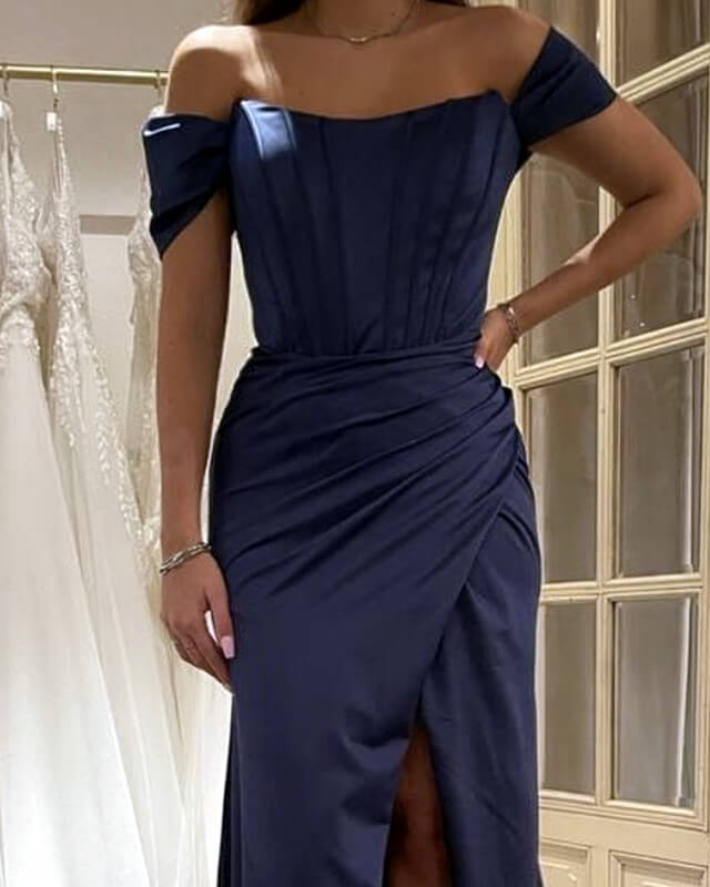 Dark blue satin outlet dress