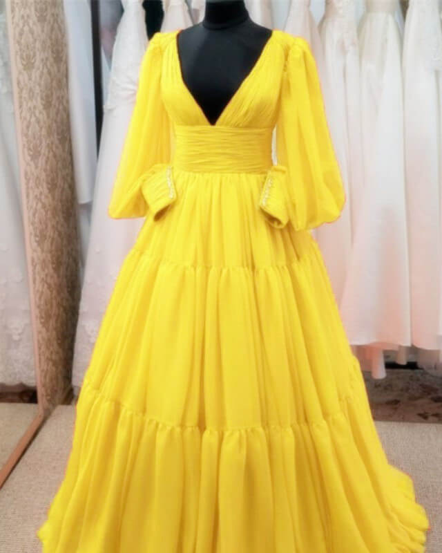 Canary Yellow Puffy Sleeves Ball Gown Tulle Prom Dresses Lisposa