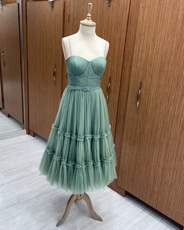 Sleeveless Tea Length Sage Green Dress