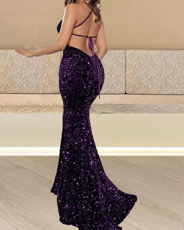 Purple Sequin Prom Dress Mermaid Lace-up Lisposa Back V Neck –