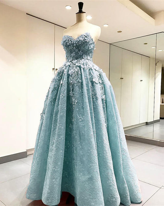 Light Blue Prom Dresses Tulle V Neck 3D Flowers – Lisposa
