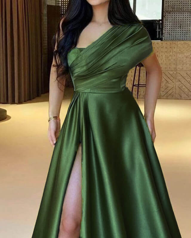 Olive Green Satin One Shoulder Slit Dress – Lisposa
