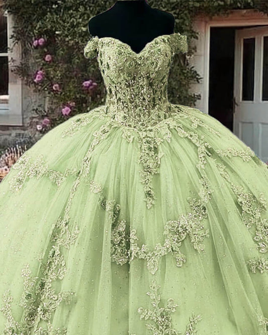 Light Green Off Shoulder Ball Gown Dress With 3D Lace Flowers – Lisposa