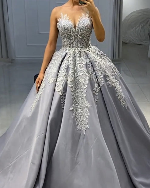 Silver Wedding Dress Satin Ball Gown Lace Embroidery – Lisposa