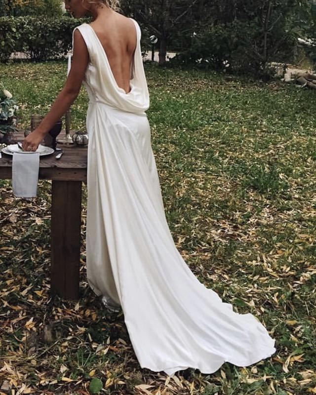 Simple Boho Wedding Dress Satin Draped Back – Lisposa