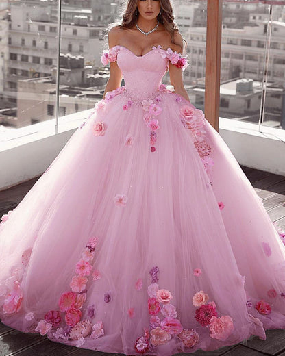 Blush Pink Wedding Dress Floral Flowers Ball Gown Off Shoulder – Lisposa
