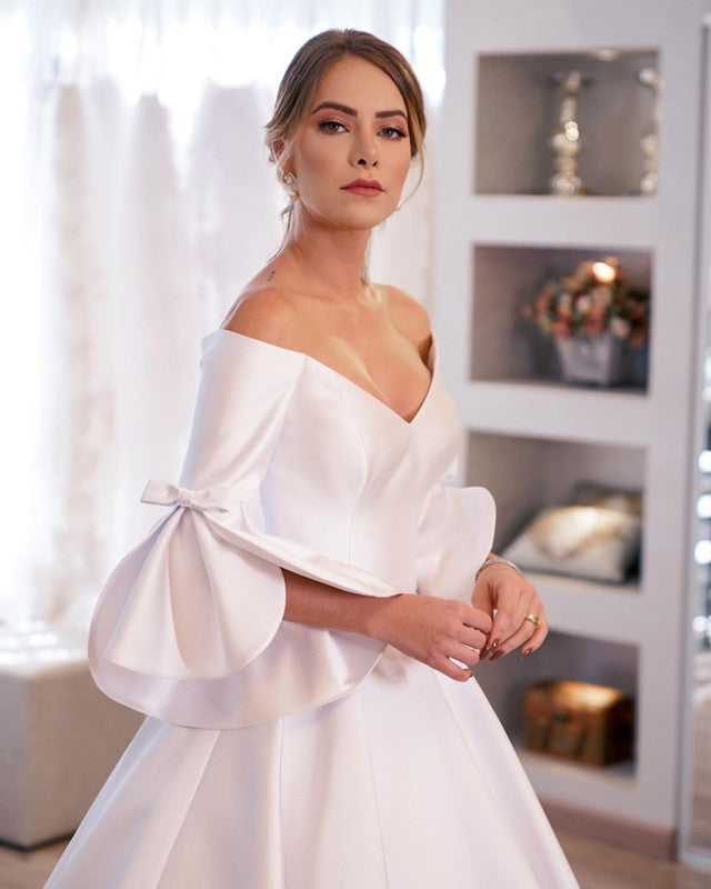 Off shoulder wedding dress satin best sale