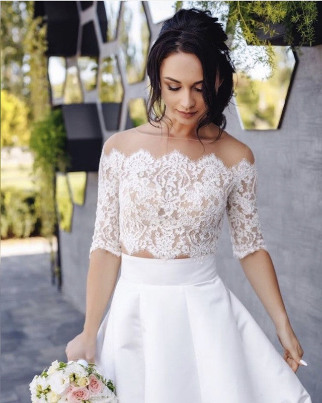 Long Tulle Skirt Two Piece Wedding Dress with Lace Crop Top