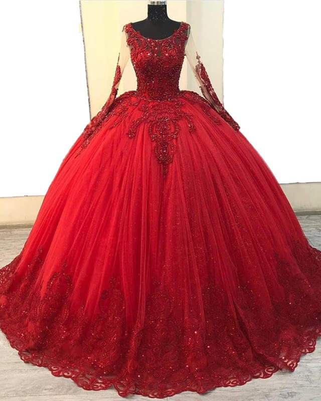 Long sleeve burgundy top quinceanera dresses