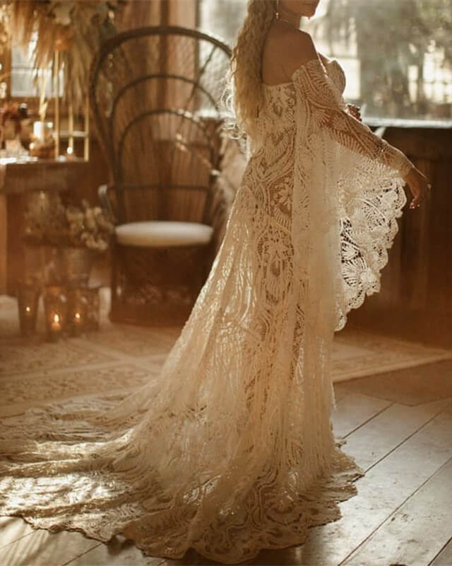 Vintage Boho Lace Wedding Dress Puffy Sleeves – Lisposa